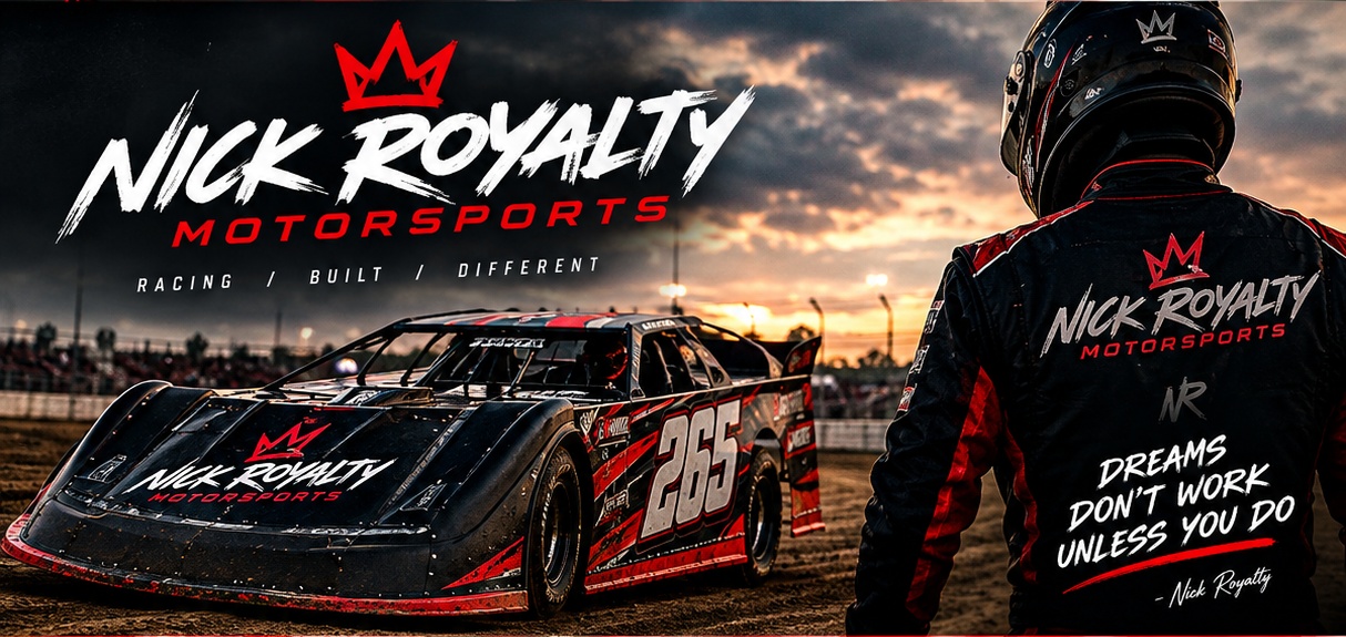 Original Nick Royalty Motorsports brand concept: white brush lettering and red crown above a black and red number 265 race car and driver at sunset